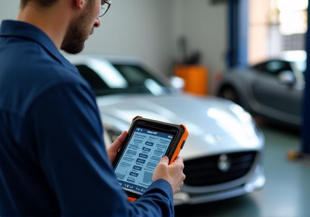Mecánico experto usando tablet de diagnóstico OBD-II en Marítimo Auto